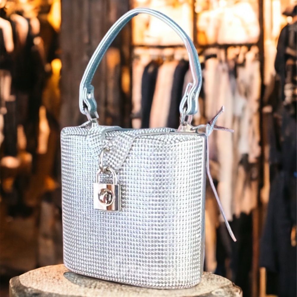 ALESSIA NWT TOP HANDLE SATCHEL CROSSBODY BAG SILVER SHINY RHINESTONE BLING PARTY - Picture 2 of 6
